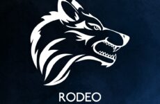 White stylized wolf head logo on a dark blue textured background with the word RODEO beneath.