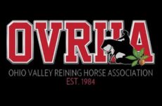 Logo for Ohio Valley Reining Horse Association (OVRHA); large red block letters with a reining horse silhouette, a small green plant motif, and the full name plus 'EST. 1984' on a black background.