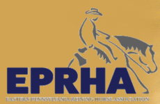 Logo for the Eastern Pennsylvania Riding Horse Association (EPRHA): stylized rider on a horse with bold navy 'EPRHA' lettering on a gold background.
