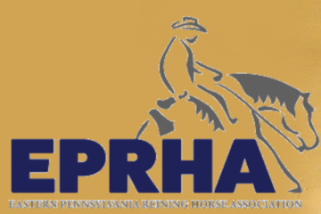 Logo for the Eastern Pennsylvania Riding Horse Association (EPRHA): stylized rider on a horse with bold navy 'EPRHA' lettering on a gold background.