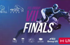 Banner for FEI Group VII Finals 2026, featuring a horse and rider jumping on a blue‑to‑purple gradient background, with event and sponsor logos along the bottom and a red LIVE badge overlaid.