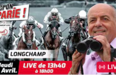 Promotional banner for a horse racing event at Longchamp, featuring a man with binoculars and jockeys in the background.