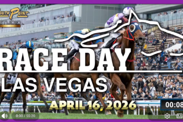 Horse race action with jockeys on a track, a cheering crowd in the stands, and large 'RACE DAY LAS VEGAS' text with the date; South Point Studio logo in the top left and a purple frame.