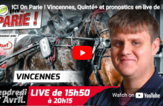 Thumbnail for a YouTube live stream about horse racing in Vincennes, showing harness racing horses and a man smiling on the right, with bold text banners.