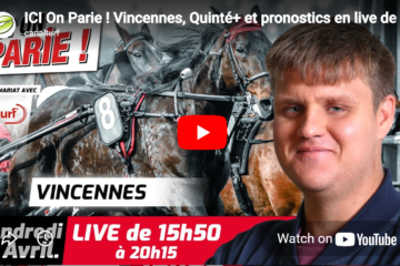 Thumbnail for a YouTube live stream about horse racing in Vincennes, showing harness racing horses and a man smiling on the right, with bold text banners.