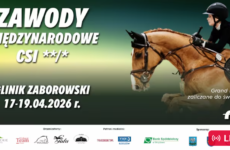 Banner advertising Zawody Międzynarodowe CSI**/*, a rider on a jumping horse, with dates 17-19.04.2026 in Glinik Zaborowski.
