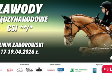 Banner advertising Zawody Międzynarodowe CSI**/*, a rider on a jumping horse, with dates 17-19.04.2026 in Glinik Zaborowski.