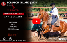 Promotional thumbnail for Domador del Año 2026: rider on a horse in a arena, dates April 17–18, left-side category list and El Rincon logo.