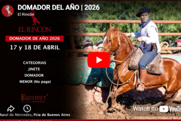 Promotional thumbnail for Domador del Año 2026: rider on a horse in a arena, dates April 17–18, left-side category list and El Rincon logo.