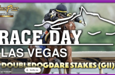 Thumbnail for a horse race video: jockey and horse jumping over a hurdle with bold 'RACE DAY LAS VEGAS DOUBLEDOGDARE STAKES (GII)' text overlay and South Point Studio logo