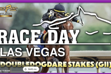 Thumbnail for a horse race video: jockey and horse jumping over a hurdle with bold 'RACE DAY LAS VEGAS DOUBLEDOGDARE STAKES (GII)' text overlay and South Point Studio logo