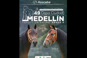 Poster for the 49th Copa Ciudad Medellín Exposición Equina Grado A, featuring two horses facing each other.