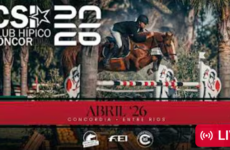 Banner de evento hípico: jinete sobre un caballo saltando una valla; fecha Abril 26, Concordia (Entre Ríos); indica transmisión en vivo
