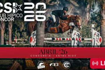 Banner de evento hípico: jinete sobre un caballo saltando una valla; fecha Abril 26, Concordia (Entre Ríos); indica transmisión en vivo