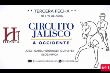 Poster announcing the Tercera Fecha of Circuito Jalisco & Occidente (April 18–19) with a rider on a horse and the Hipica logo on a white background.