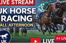 Promotional banner for a UK horse racing live stream featuring galloping horses and jockeys on a track with bold text reading 'LIVE STREAM'.