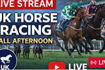 Promotional banner for a UK horse racing live stream featuring galloping horses and jockeys on a track with bold text reading 'LIVE STREAM'.