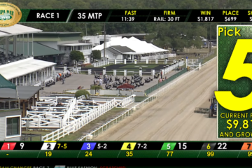 Tampa Bay Downs racecourse with grandstand and tote boards; race banner reads Race 1 and 35 MTP, Pick 5 ad on right showing current pool $9,815