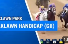 Banner for Oaklawn Park announcing the Oaklawn Handicap (GII) horse race event image quality shows racing action on the right and bold blue text on the left panel, Oaklawn Park logo title text.