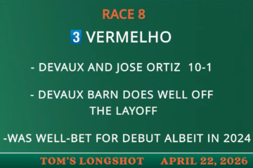 Race 8 slide on a green background with an orange 'RACE 8' heading; lists '3 VERMELO' and text about 'Deaux and Jose Ortiz 10-1' and 'Devaux Barn does well off the layoff'.