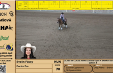 Rider on a brown horse in a sandy arena during a ranch competition, with sponsor banners along the left edge and a yellow scoreboard overhead.