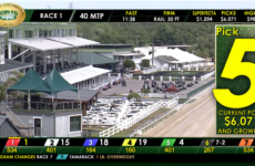 Horse racing venue with a grandstand, trackside seating, and a large Pick 5 current pool graphic on the right; racing ticker with odds at the bottom and banners across the top.