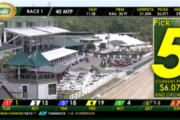 Horse racing venue with a grandstand, trackside seating, and a large Pick 5 current pool graphic on the right; racing ticker with odds at the bottom and banners across the top.