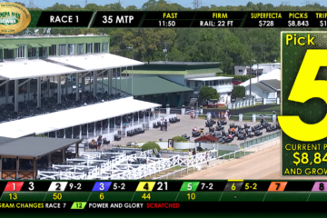 Overview of Tampa Bay Downs grandstand with a large yellow Pick 5 panel on the right and a race odds ticker along the bottom.