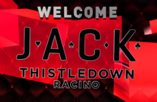 Banner-style graphic: welcomes ' JACK ' with red geometric shapes and the words 'Welcome', 'Jack', 'Thistledown Racing' on a dark patterned background.