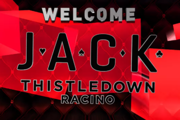 Banner-style graphic: welcomes ' JACK ' with red geometric shapes and the words 'Welcome', 'Jack', 'Thistledown Racing' on a dark patterned background.