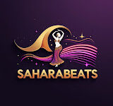 SaharaBeats logo featuring a dancing silhouette with a gold ribbon, purple stars, and the bold text 'SAHARA BEATS' on a dark purple background.