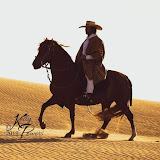 Rider wearing a cowboy hat guides a dark horse across sunlit desert dunes.