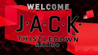 Welcome JACK Thistledown Racino banner on a red, geometric background with small card suit icons—promotional casino branding.