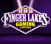 Finger Lakes Gaming & Racetrack logo with purple neon glow and dice above the name.
