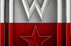 Close-up of the WWE logo over a red flag with a white star, creating a bold brand graphic.