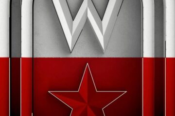 Close-up of the WWE logo over a red flag with a white star, creating a bold brand graphic.